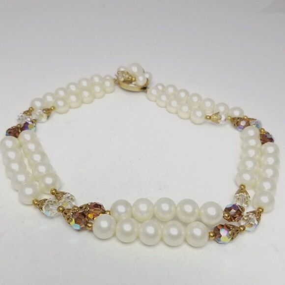 Vintage Two Stand Beaded Faux Pearl and AB Necklace, Retro 60s Style, Estate - Picture 4 of 4